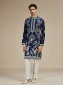 Navy Silk Resham Floral & Bird Embroidered Kurta with White Aligarhi