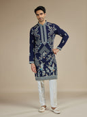 Navy Silk Resham Floral & Bird Embroidered Kurta with White Aligarhi