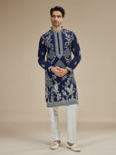 Navy Silk Resham Floral & Bird Embroidered Kurta with White Aligarhi