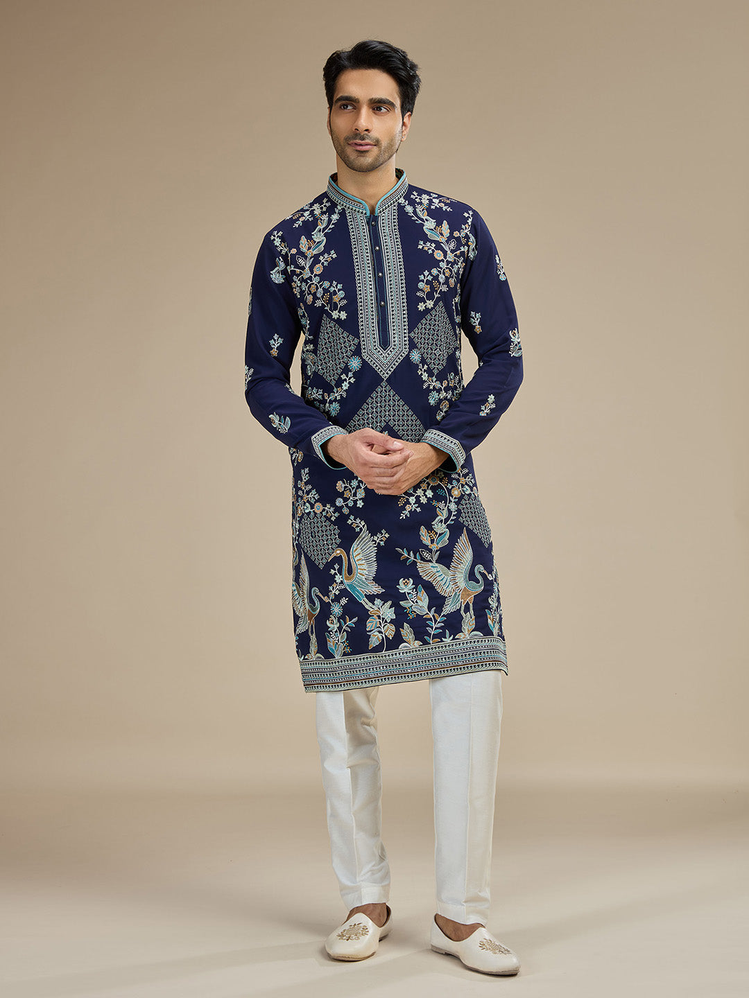 Navy Silk Resham Floral & Bird Embroidered Kurta with White Aligarhi - KORANM