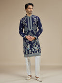 Navy Silk Resham Floral & Bird Embroidered Kurta with White Aligarhi