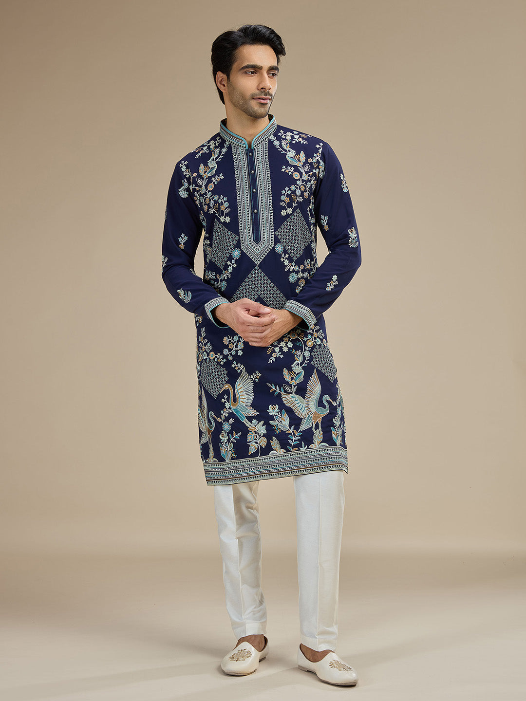 Navy Silk Resham Floral & Bird Embroidered Kurta with White Aligarhi - KORANM