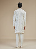 Cream Silk Zari Embroidered Butti Kurta with Cream Aligarhi for Men