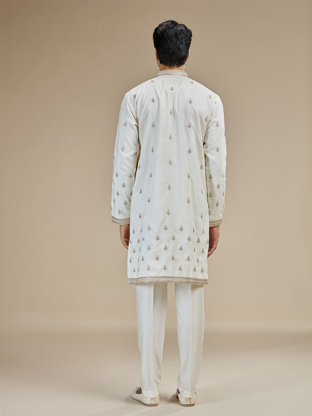 Cream Silk Zari Embroidered Butti Kurta with Cream Aligarhi for Men - KORANM