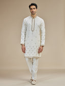 Cream Silk Zari Embroidered Butti Kurta with Cream Aligarhi for Men