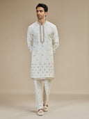 Cream Silk Zari Embroidered Butti Kurta with Cream Aligarhi for Men