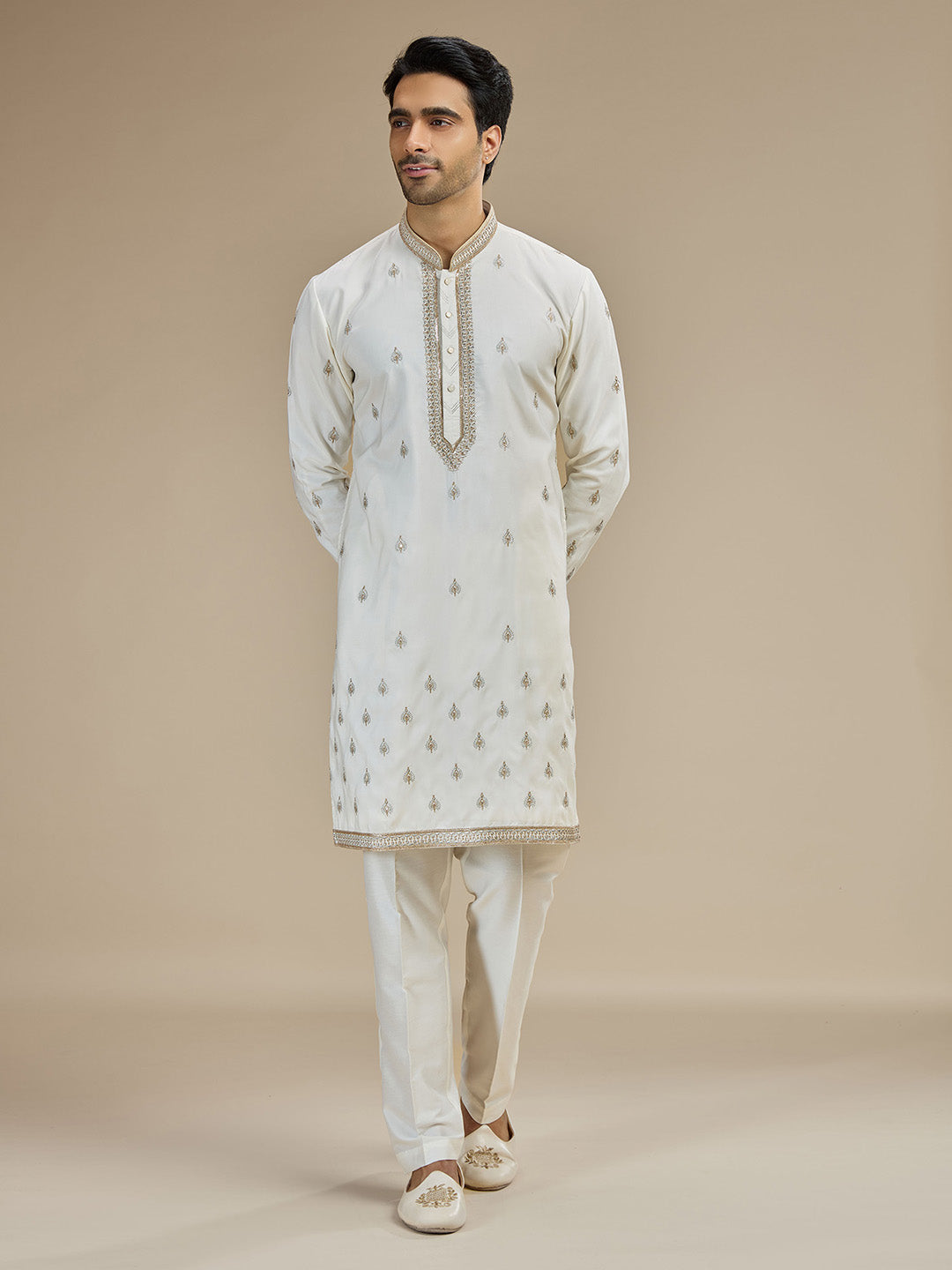 Cream Silk Zari Embroidered Butti Kurta with Cream Aligarhi for Men - KORANM