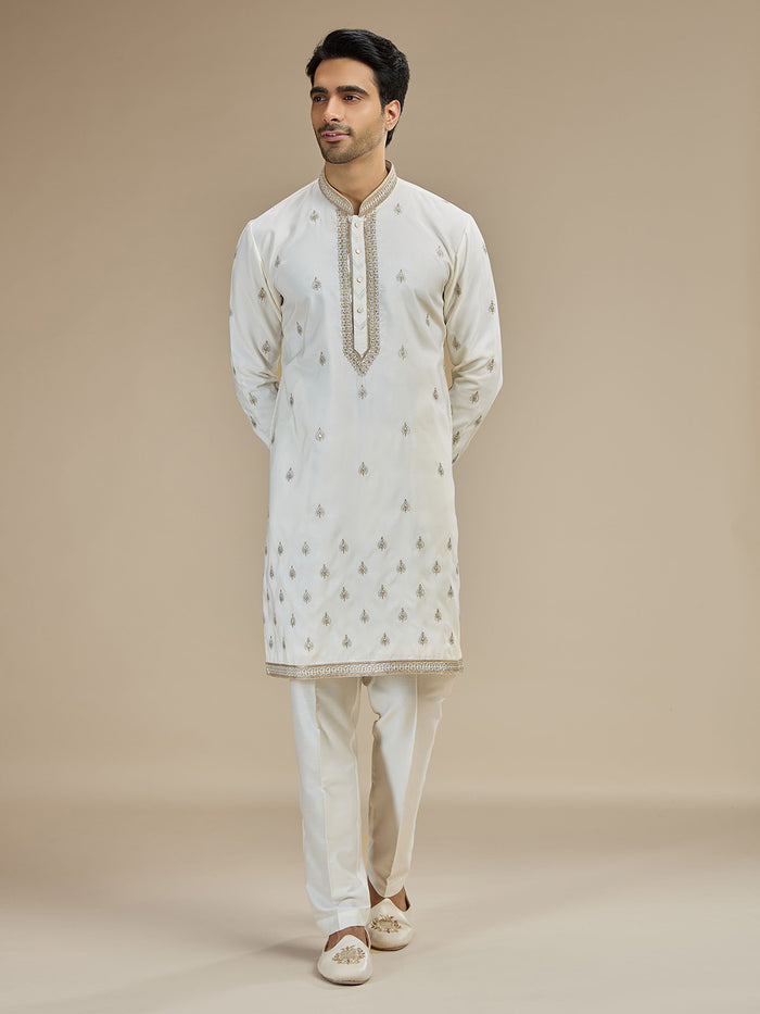 Cream Silk Zari Embroidered Butti Kurta with Cream Aligarhi for Men - KORANM