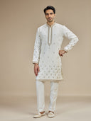 Cream Silk Zari Embroidered Butti Kurta with Cream Aligarhi for Men