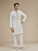 Cream Silk Zari Embroidered Butti Kurta with Cream Aligarhi for Men