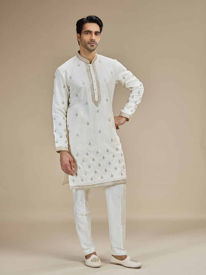 Cream Silk Zari Embroidered Butti Kurta with Cream Aligarhi for Men - KORANM