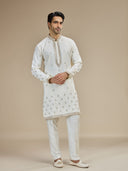 Cream Silk Zari Embroidered Butti Kurta with Cream Aligarhi for Men
