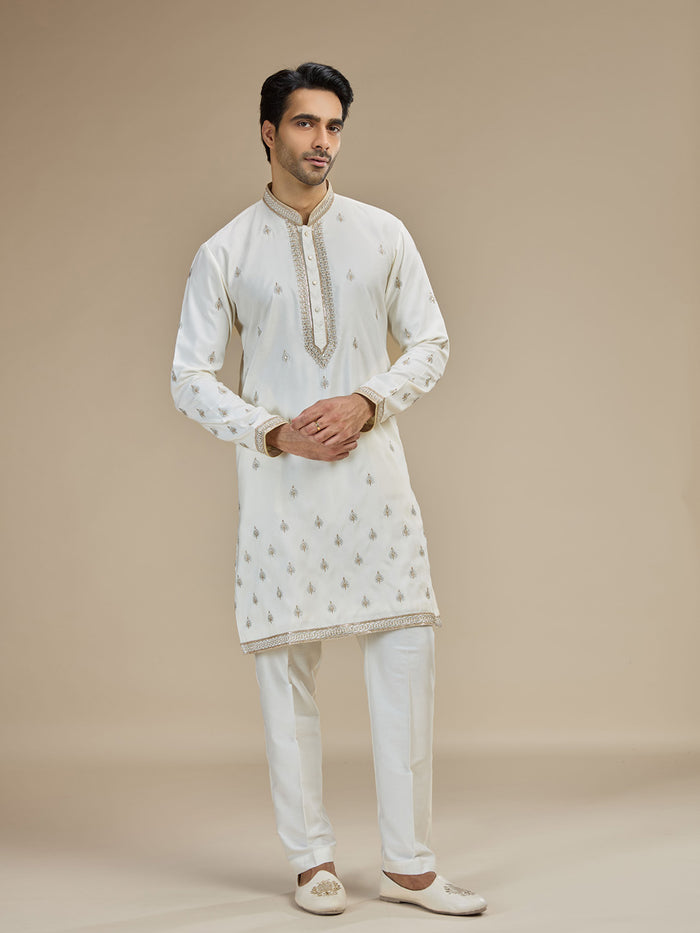 Cream Silk Zari Embroidered Butti Kurta with Cream Aligarhi for Men - KORANM