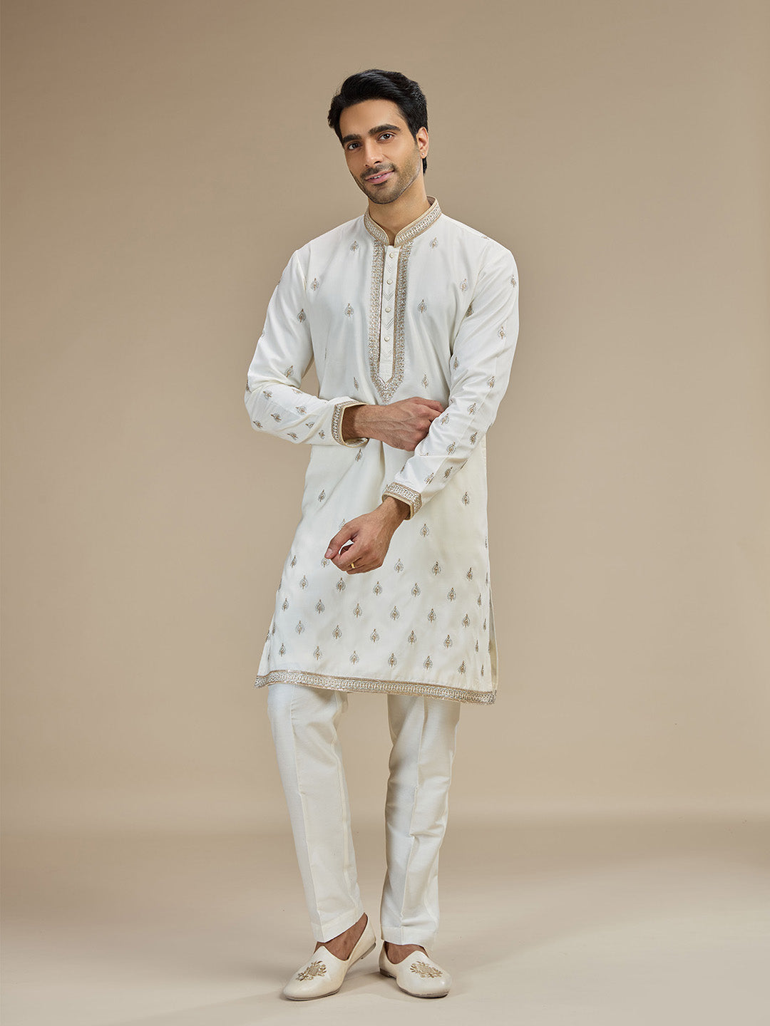 Cream Silk Zari Embroidered Butti Kurta with Cream Aligarhi for Men - KORANM