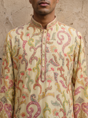 Cream Tussar Silk Multi-Color Floral Embroidered Kurta & Cream Aligarhi Set