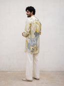 Fawn Satin Linen Floral Printed Kurta Set with White Palazzo for Men