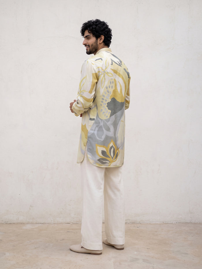 Fawn Satin Linen Floral Printed Kurta Set with White Palazzo for Men - KORANM