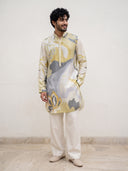 Fawn Satin Linen Floral Printed Kurta Set with White Palazzo for Men