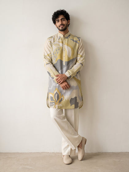 Fawn Satin Linen Floral Printed Kurta Set with White Palazzo for Men