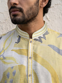 Fawn Satin Linen Floral Printed Kurta Set with White Palazzo for Men