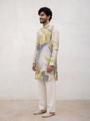 Fawn Satin Linen Floral Printed Kurta Set with White Palazzo for Men