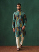 Aqua Blue Silk Kurta Set with White Aligarhi for Men – Embroidered Ethnic Wear - KORANM