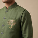 Green Linen Bandi Shirt with Elephant Pocket Embroidery 