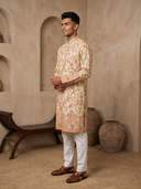Cream Tussar Silk Multi-Color Floral Embroidered Kurta & Cream Aligarhi Set