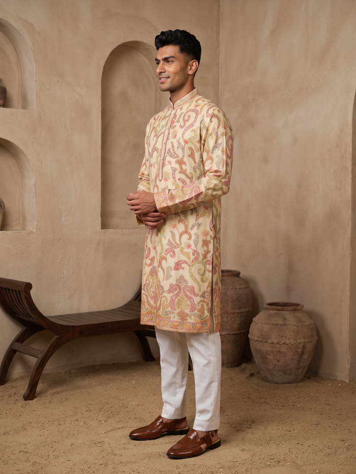 Cream Tussar Silk Multi-Color Floral Embroidered Kurta & Cream Aligarhi Set - KORANM