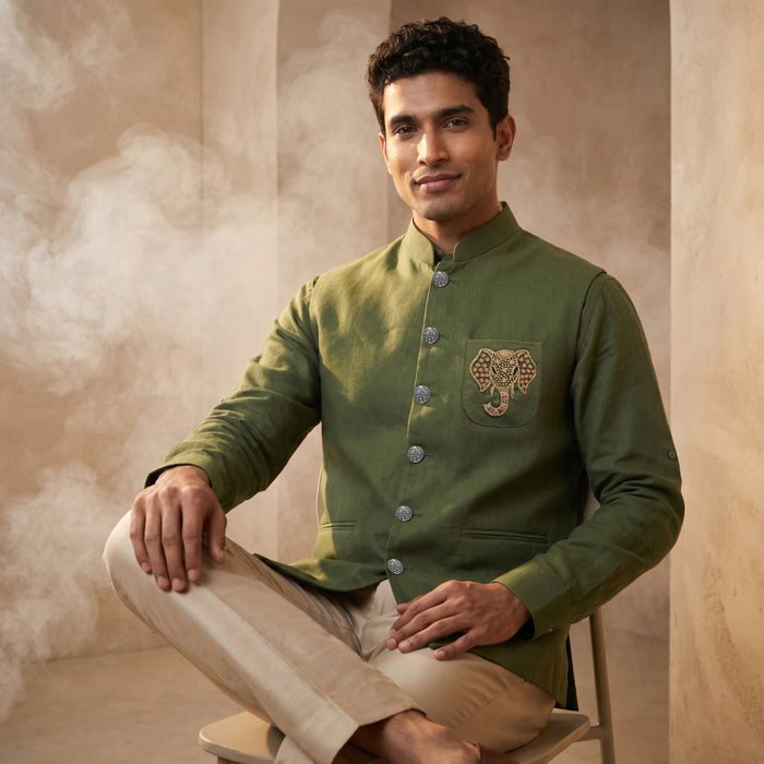 Green Linen Bandi Shirt with Elephant Pocket Embroidery 