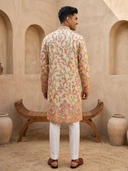 Cream Tussar Silk Multi-Color Floral Embroidered Kurta & Cream Aligarhi Set