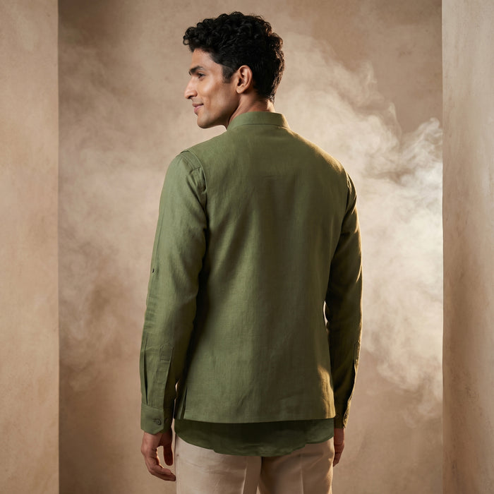 Green Linen Bandi Shirt with Elephant Pocket Embroidery 