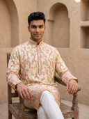 Cream Tussar Silk Multi-Color Floral Embroidered Kurta & Cream Aligarhi Set