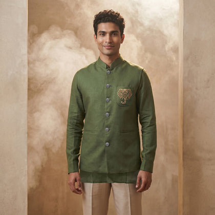 Green Linen Bandi Shirt with Elephant Pocket Embroidery 