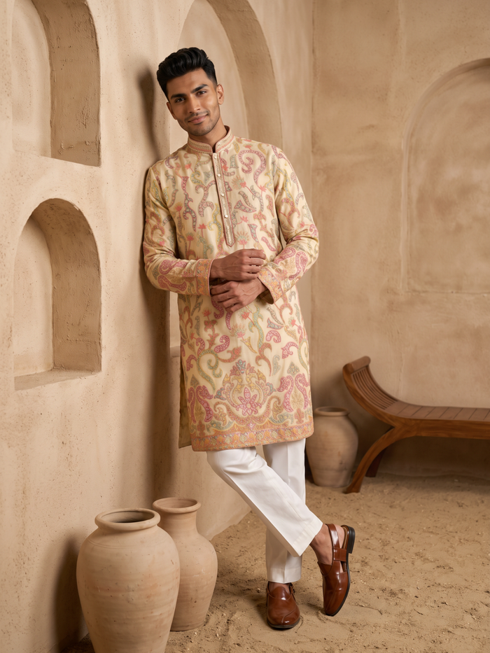 Cream Tussar Silk Multi-Color Floral Embroidered Kurta & Cream Aligarhi Set - KORANM
