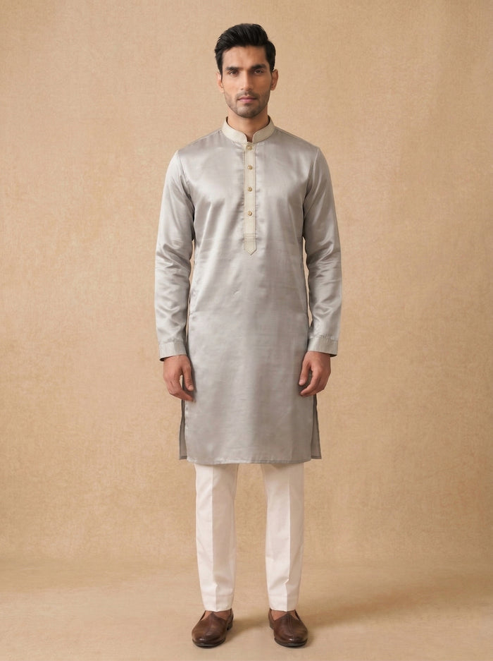 Light Grey Silk Kurta Set for Men with Solid Design and White Aligarhi Bottom - KORANM