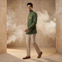 Green Linen Bandi Shirt with Elephant Pocket Embroidery 
