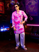 Pink Printed & Mirror Work Kurta Set with Off White palazzo Pant | Men's Festive Wear - KORANM