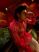 Pink Satin Linen Printed & Embroidered Kurta Set with Off White Palazzo Pant