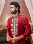 Red Mysore Silk Kurta Set with embroidery