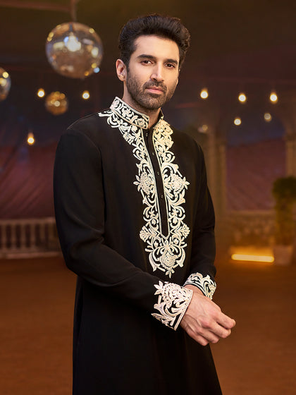 Black Satin Silk Embroidered Kurta Set- Aditya Roy Kapur Collection