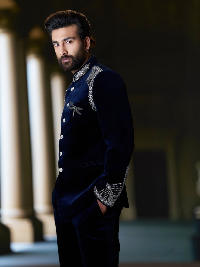 Royal Navy Velvet Embroidered Bandhgala Jodhpuri Set with Matching Pants | Worn by Meezaan Jafri | Kora by Nilesh Mitesh - KORANM