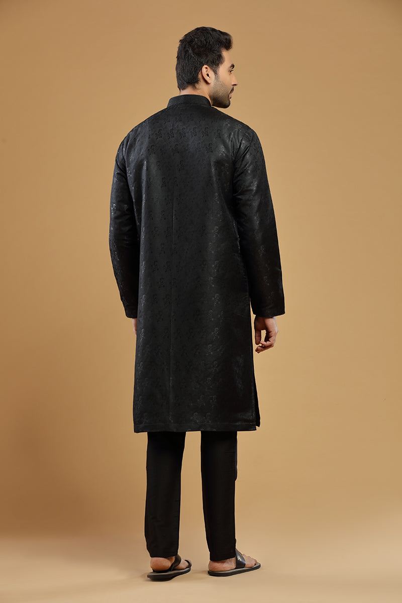 Raven Black Jacquard Silk Kurta Set