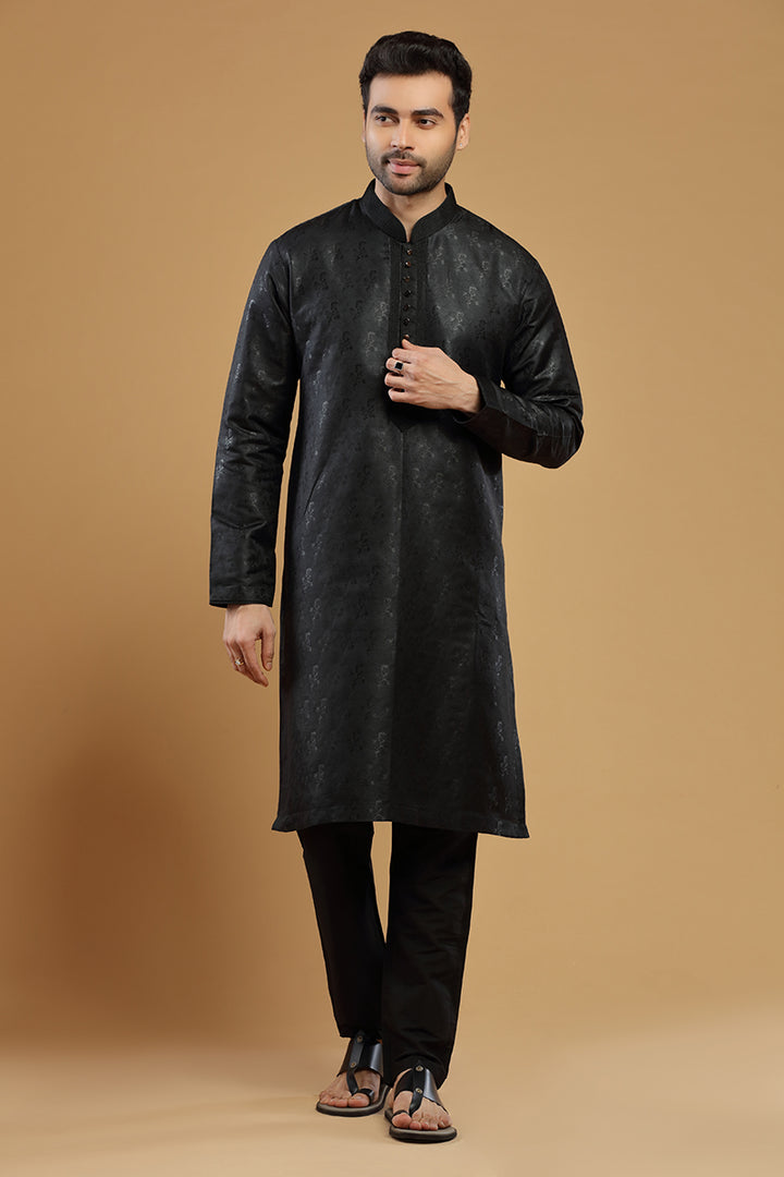 Raven Black Jacquard Silk Kurta Set