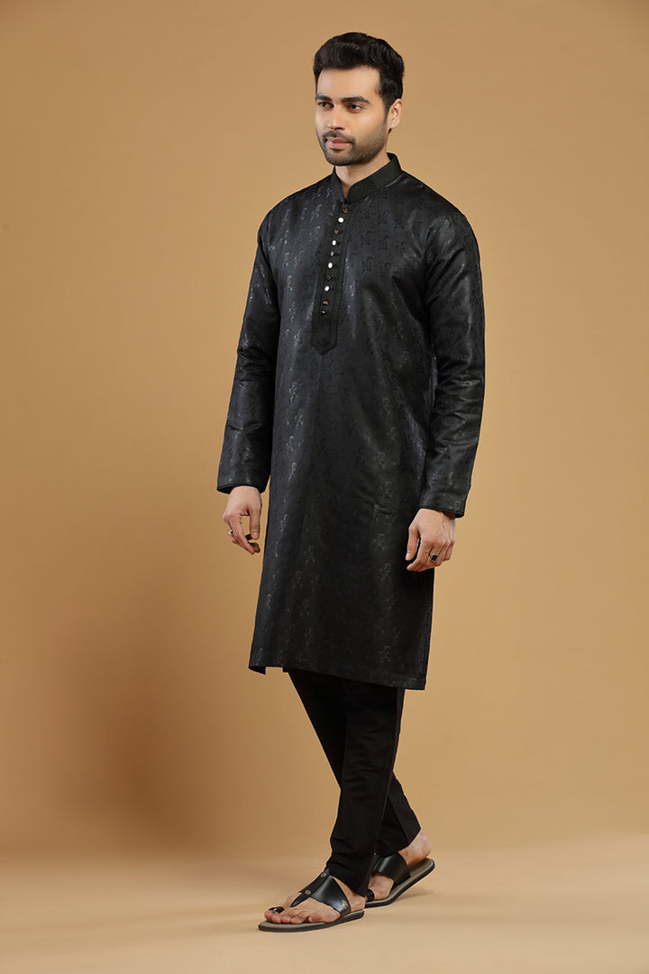 Raven Black Jacquard Silk Kurta Set