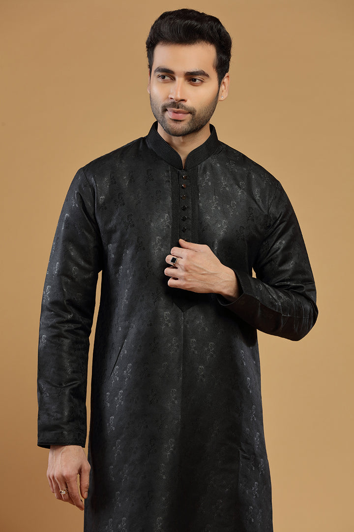 Raven Black Jacquard Silk Kurta Set