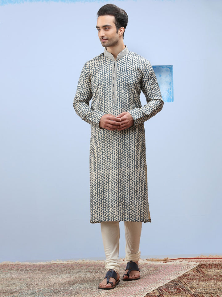 Rama Blue Printed Blended Silk Kurta Set