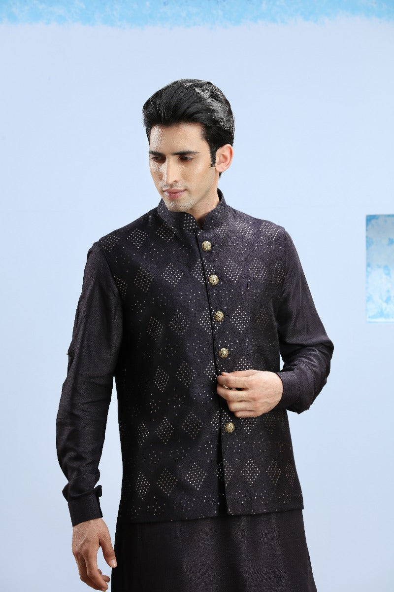 Dark Navy Blue Embellished Kurta Bandi Set