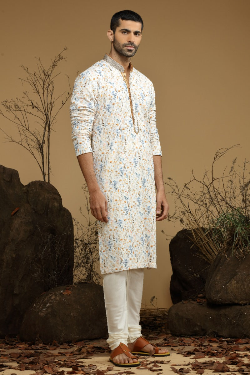 Macaroon Yellow Floral Printed Cotton Kurta Set