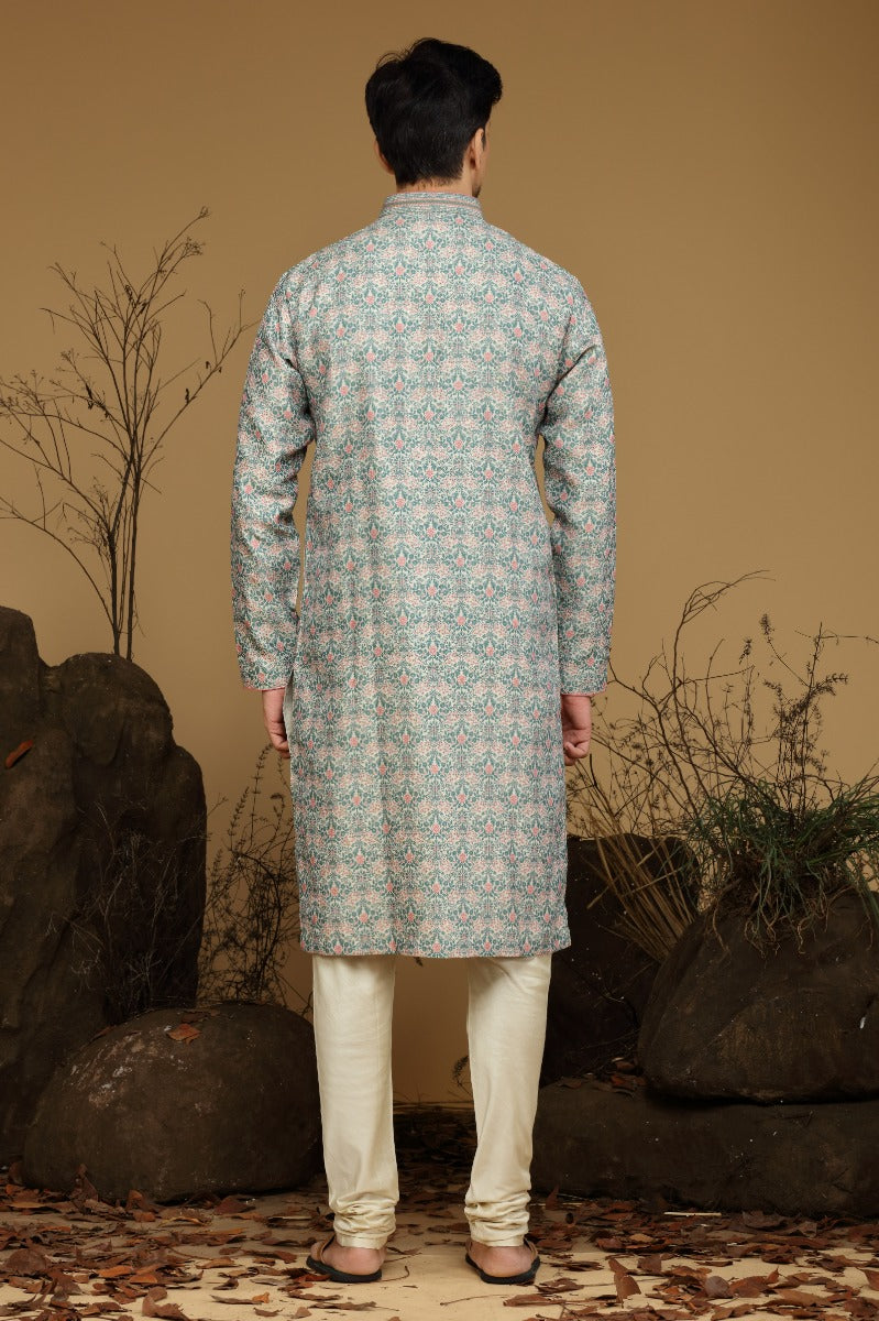 Teal Green And Peach Printed Festive Kurta Set For Men